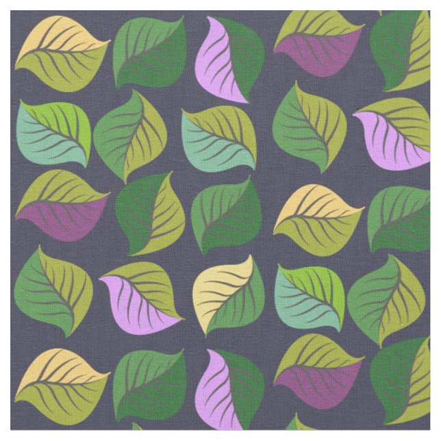 Green, Lime, Purple, Yellow Jungle Leaves Pattern Fabric (Close Up)