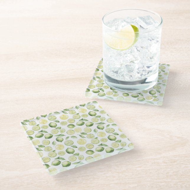 Green Limes Leaves Fruit Glass Coaster (Angled)