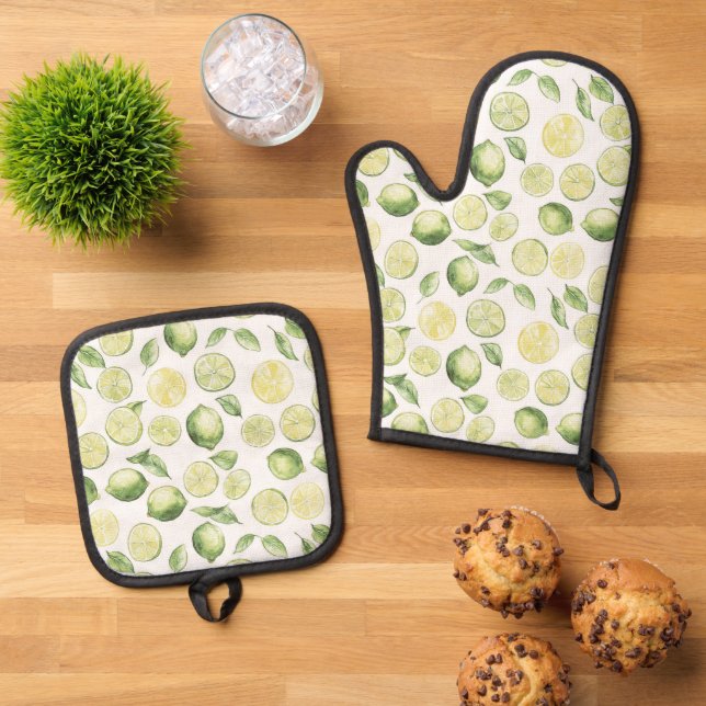 Green Limes Leaves Fruit Oven Mitt & Pot Holder Set (Top Down)