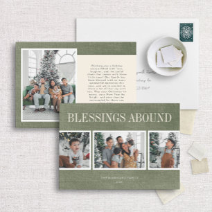 Green Linen Blessings Abound Holiday Photo Card