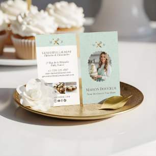 Green Linen Elegant Chic Bakery Gold Whisk Photo  Business Card