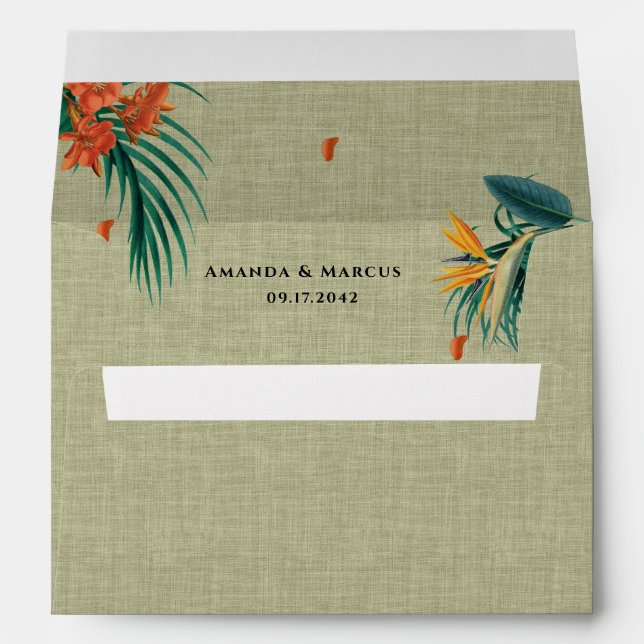 Green Linen Fancy Tropical Wedding Envelope (Back (Bottom))