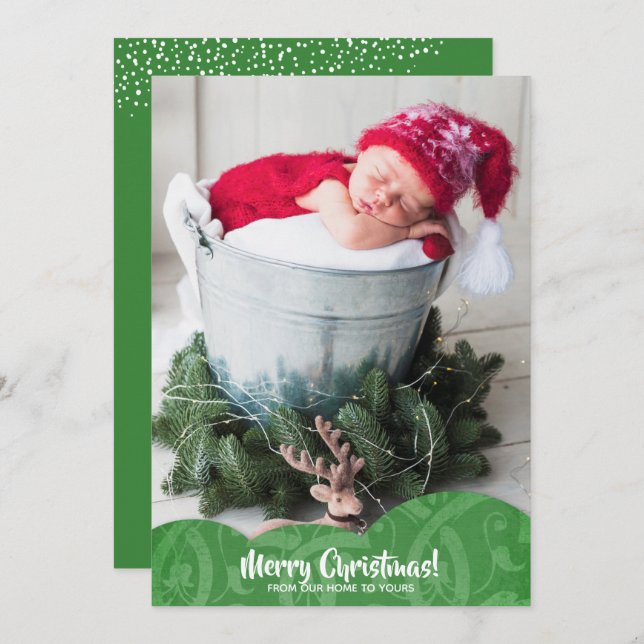 Green Linen Filigree Photo Christmas Holiday Card (Front/Back)