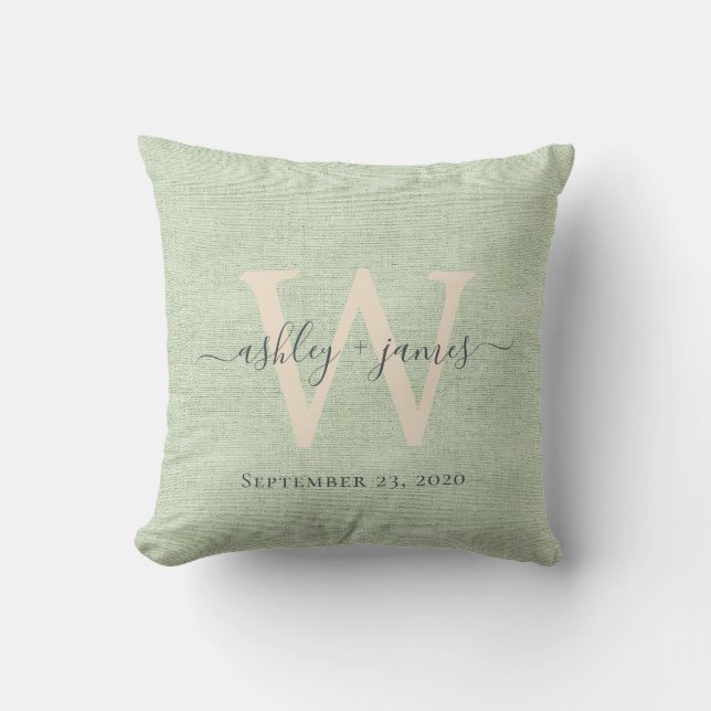 Green Linen Ivory Monogram Wedding Keepsake Cushion (Front)