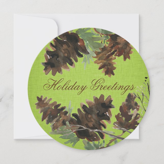 Green Linen Pine Cones Christmas Greeting Card (Front)