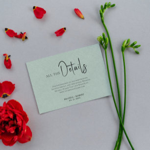 Green Linen Simple Black Script Wedding Details Invitation