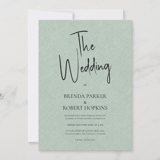 Green linen Simple Black Script Wedding Invite (Front)