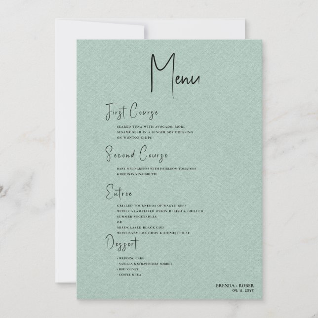 Green linen Simple Black Script Welcome Menu Invitation (Front)