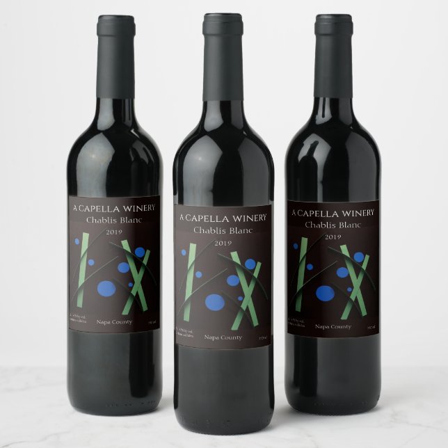 Green lines, blue dots wine label (Bottles)