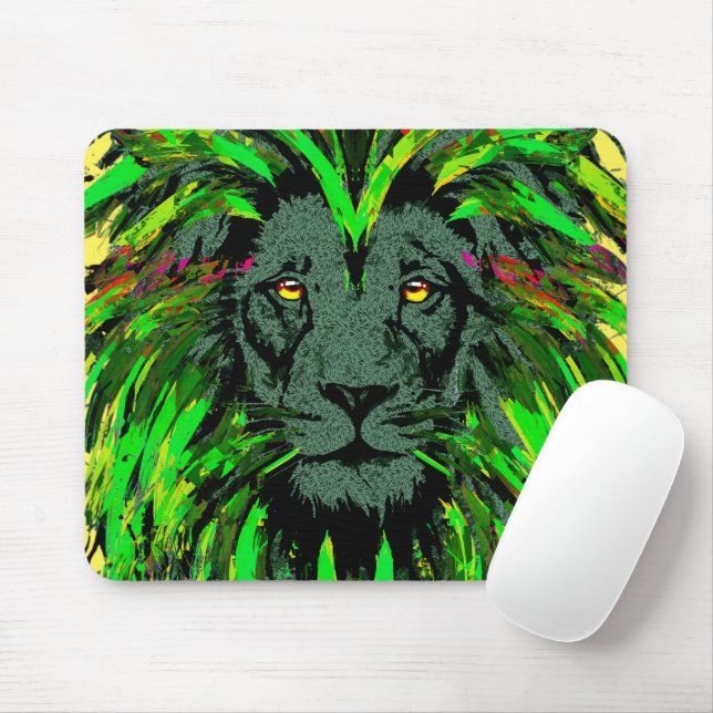 Green Lion Mousepad - Lion Face Portrait Drawing (With Mouse)