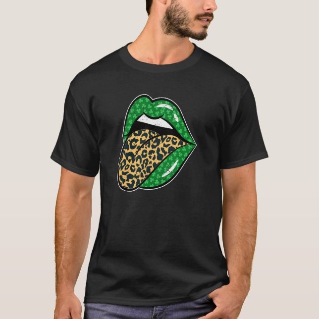 Green Lips Leopard Print Tongue Out St Patricks Da T-Shirt (Front)