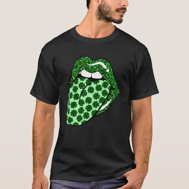 Green Lips Mouth Shamrock Tongue Out Saint Patrick T-Shirt (Front)