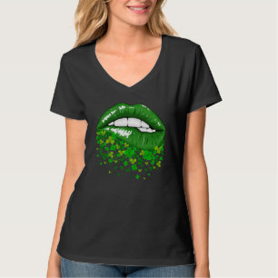 Green Lips Shamrock Leaves Saint Patrick's Day Gir T-Shirt