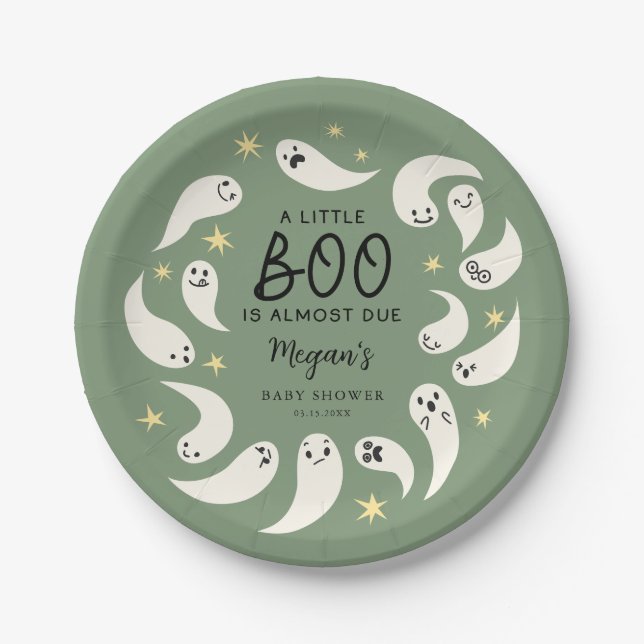 Green Little Boo October Baby Shower Paper Plate (Front)