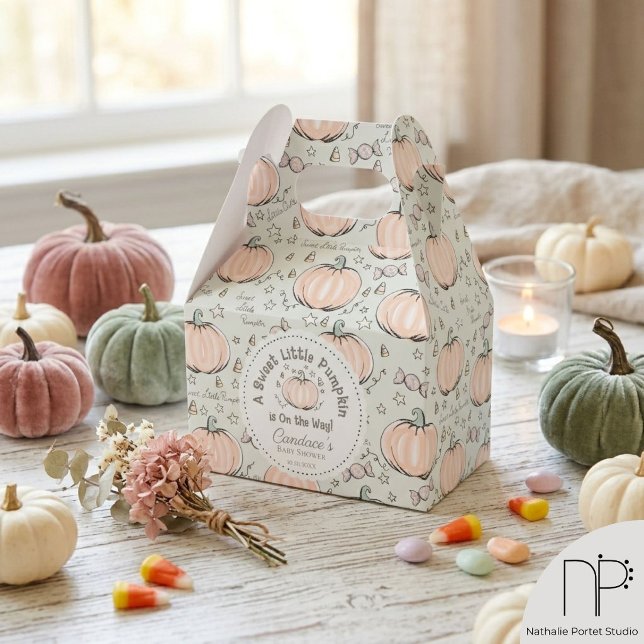 Green Little Pumpkin Baby Shower Favour Boxes (Hand drawn Halloween baby shower favor boxes with cute pumpkin art and a sweet autumn theme)