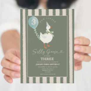 Green Little Silly Goose Balloon Boy 3rd Birthday Invitation