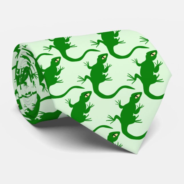 Green Lizard Design Tie (Rolled)