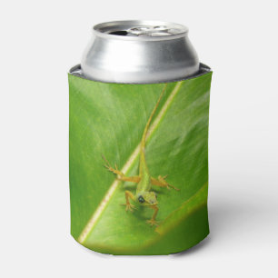 Green Lizard on Green Leaf Can Cooler