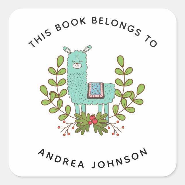 Green Llama Cute Funny Animal Kid's Name Bookplate Square Sticker (Front)