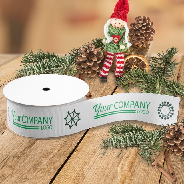 Green Logo & Snowflakes Business Logo Christmas Grosgrain Ribbon (white ribbon with green business logo, green company holiday christmas gift ribbon, snowflakes)