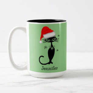 Green Long Necked Cat Retro Christams Two-Tone Coffee Mug