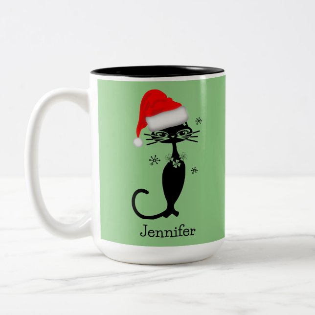Green Long Necked Cat Retro Christams Two-Tone Coffee Mug (Left)