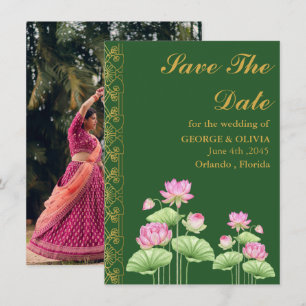 Green Lotus Flower Indian Wedding Save the Date