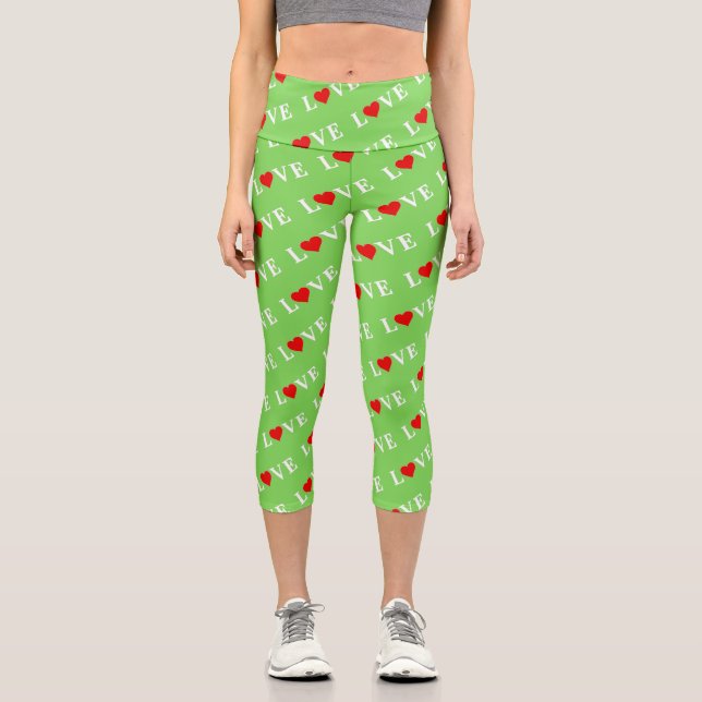 Green LOVE Motif Stylish Lime Green Capri Leggings (Front)
