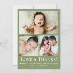 Green Love & Thanks Baby Photo Birth announcement