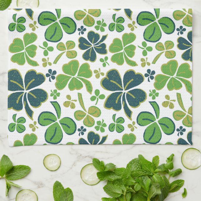 Green Lucky 4 Leaves Shamrocks Clover Pattern Tea Towel (Folded)