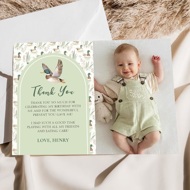 Green Lucky Duck Boy Birthday Photo Thank You Card (Creator Uploaded)