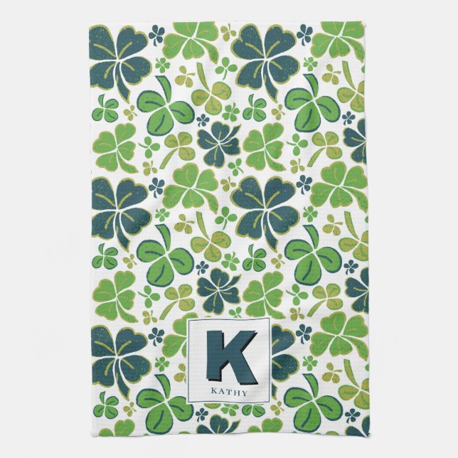Green Lucky Shamrock Clover Pattern Monogrammed Tea Towel (Vertical)