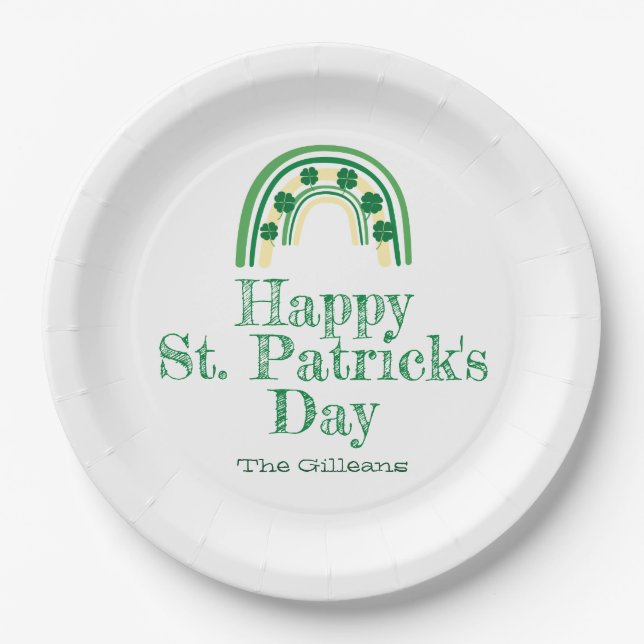 Green lucky Shamrock horseshoe St. Patrick's Day Paper Plate (Front)