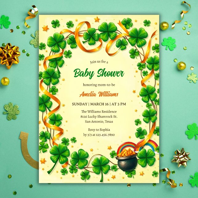 Green Lucky Shamrock St Patricks Day Baby Shower Invitation (Green Lucky Shamrock St. Patrick's Day Baby Shower Invitation)