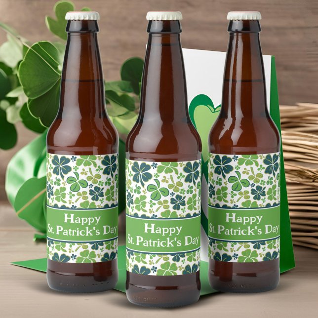 Green Lucky Shamrocks Clover St. Patrick`s Day  Beer Bottle Label (Creator Uploaded)