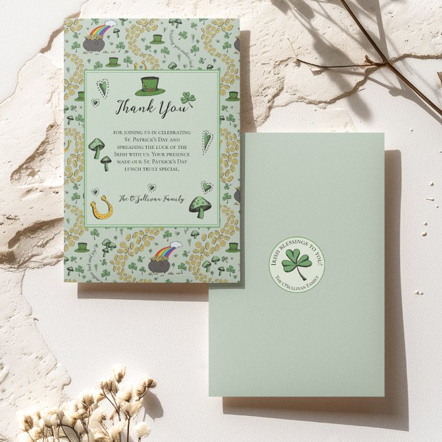 Green Lucky St Patricks Day Irish Thank You Card (St Patricks Day Thank You Card with Custom Message & Name. Irish Blessing on Back of the Card. 
)