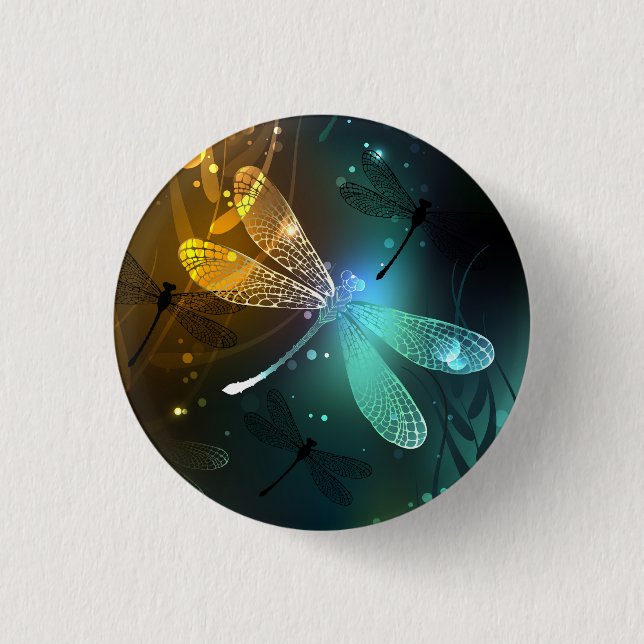 Green luminous dragonfly flight 3 cm round badge (Front)