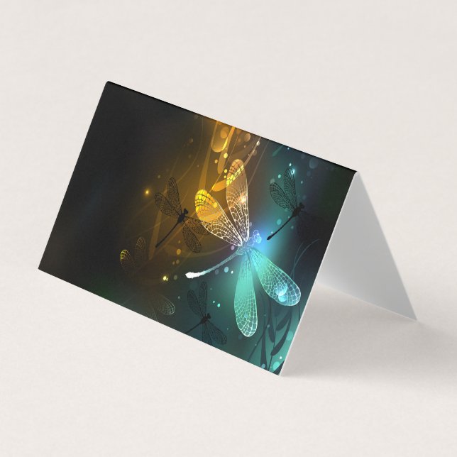 Green luminous dragonfly flight business card (Front)