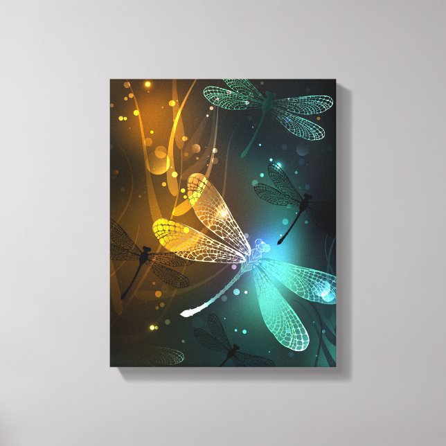 Green luminous dragonfly flight canvas print (Front)