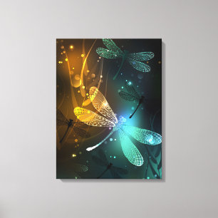 Green luminous dragonfly flight canvas print