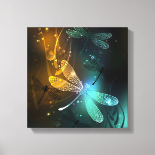 Green luminous dragonfly flight canvas print