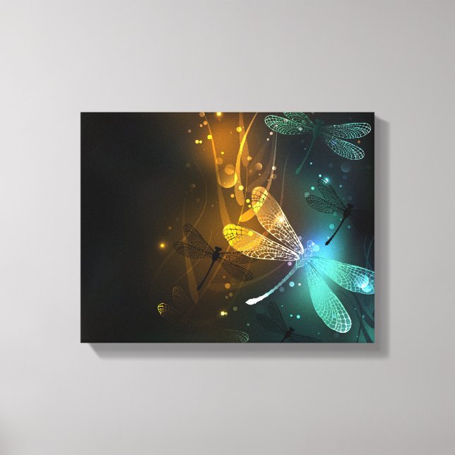 Green luminous dragonfly flight canvas print (Front)