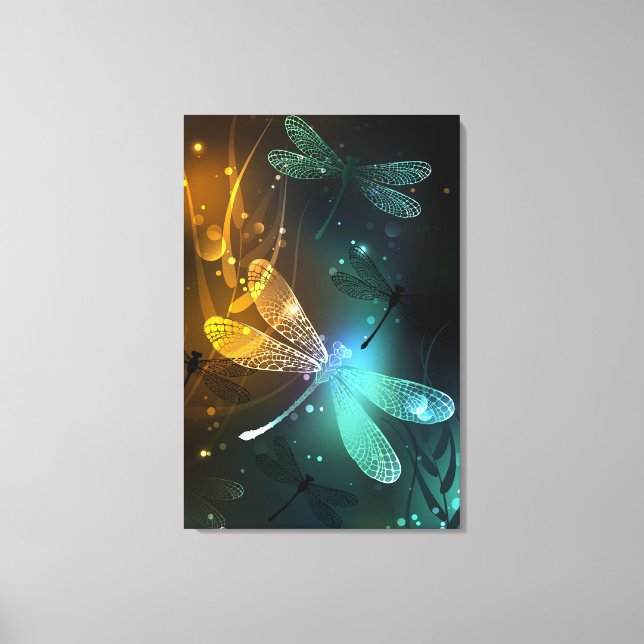 Green luminous dragonfly flight canvas print (Front)