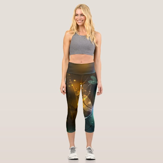 Green luminous dragonfly flight capri leggings (Front)