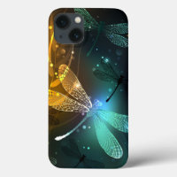 Green luminous dragonfly flight