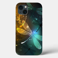 Green luminous dragonfly flight