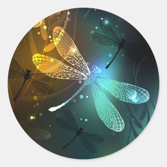 Green luminous dragonfly flight classic round sticker (Front)