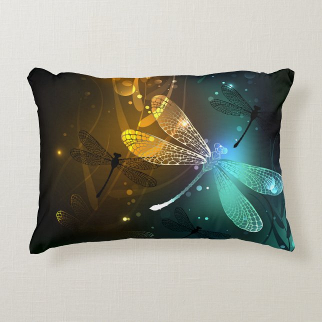 Green luminous dragonfly flight decorative cushion (Front)