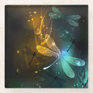 Green luminous dragonfly flight glass coaster