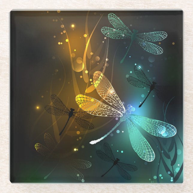 Green luminous dragonfly flight glass coaster (Front)